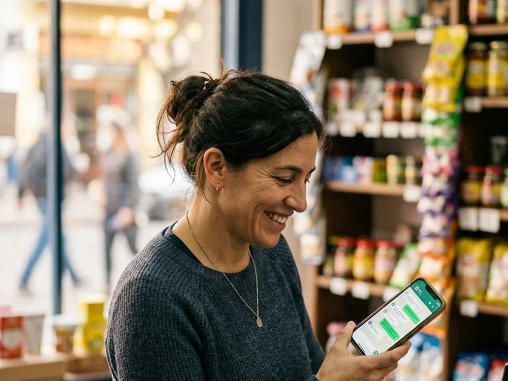 Comerciante atendiendo una consulta por WhatsApp desde su local