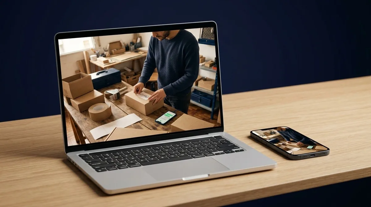 La web de un negocio en una notebook y un celular con una consulta entrando por WhatsApp